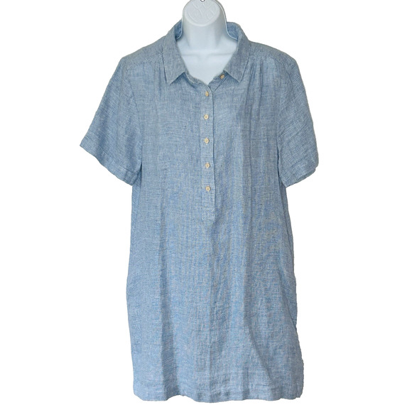 Faherty Hana Linen Shift Dress L Blue Short Sleeves Collared